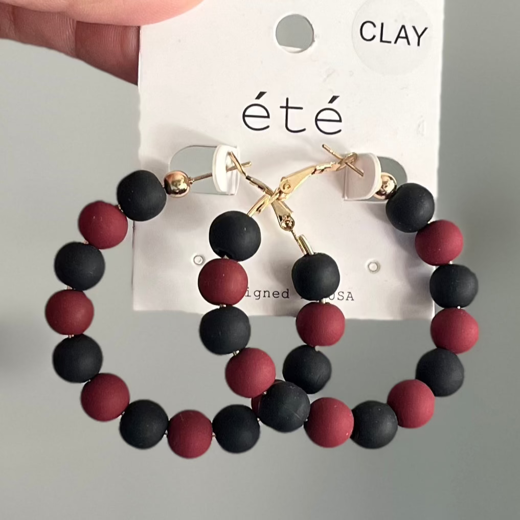 Maroon & Black Clay Hoops