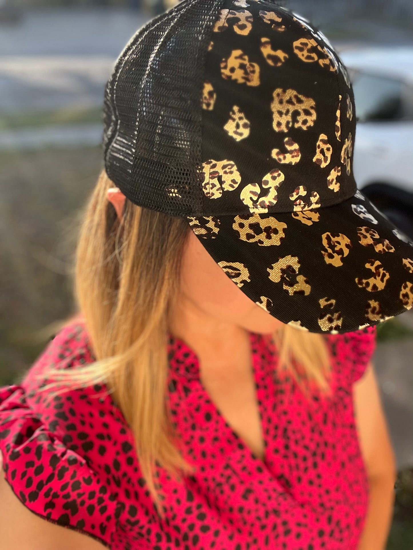 Criss Cross Black & Gold Leopard Cap