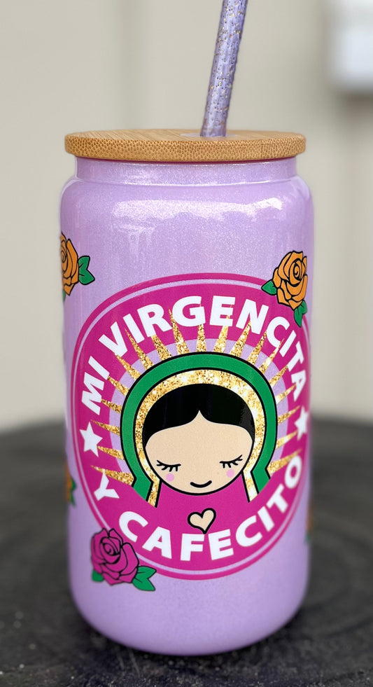 Mi Virgencita y Cafecito glass cup