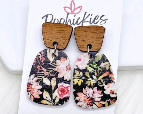 Cherry Wood and Dahlia Black Floral Earrings